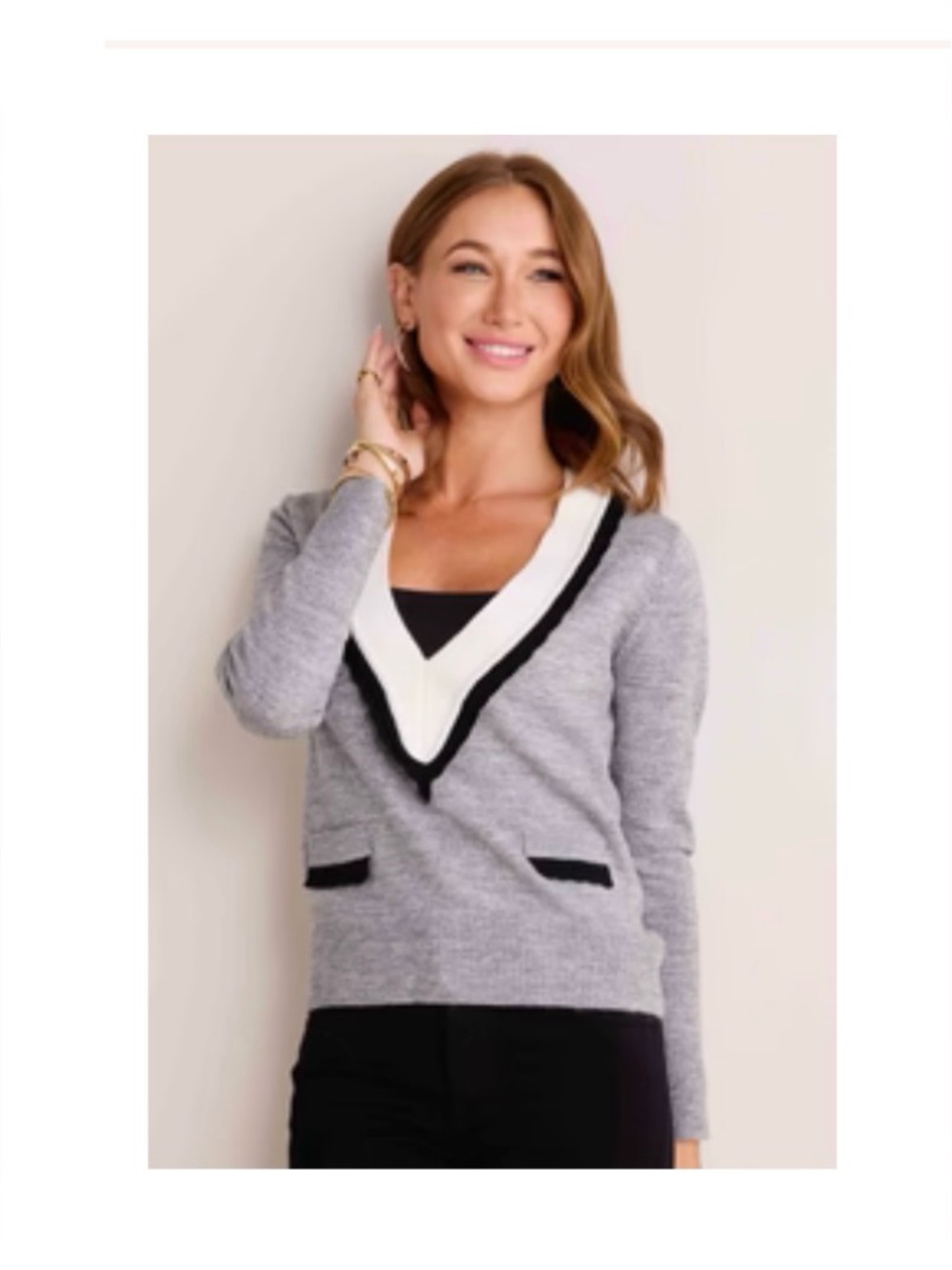 V-Neck Contrast Trim Grey Sweater